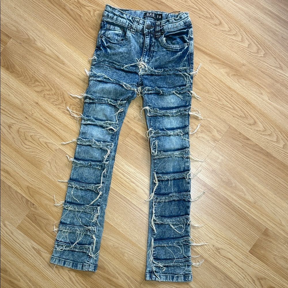 OPS Distressed Blue Skinny Jeans Stacked Fringe Detail Boys Size 7-8 Premium